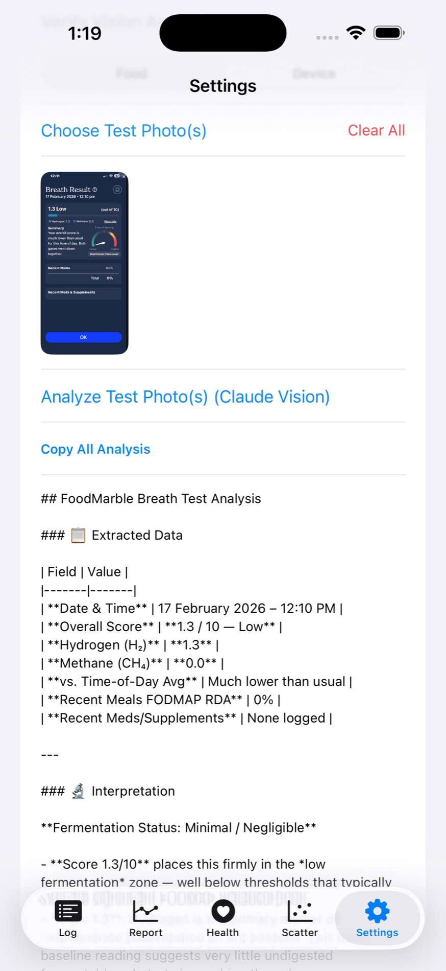Device analysis settings and output screen