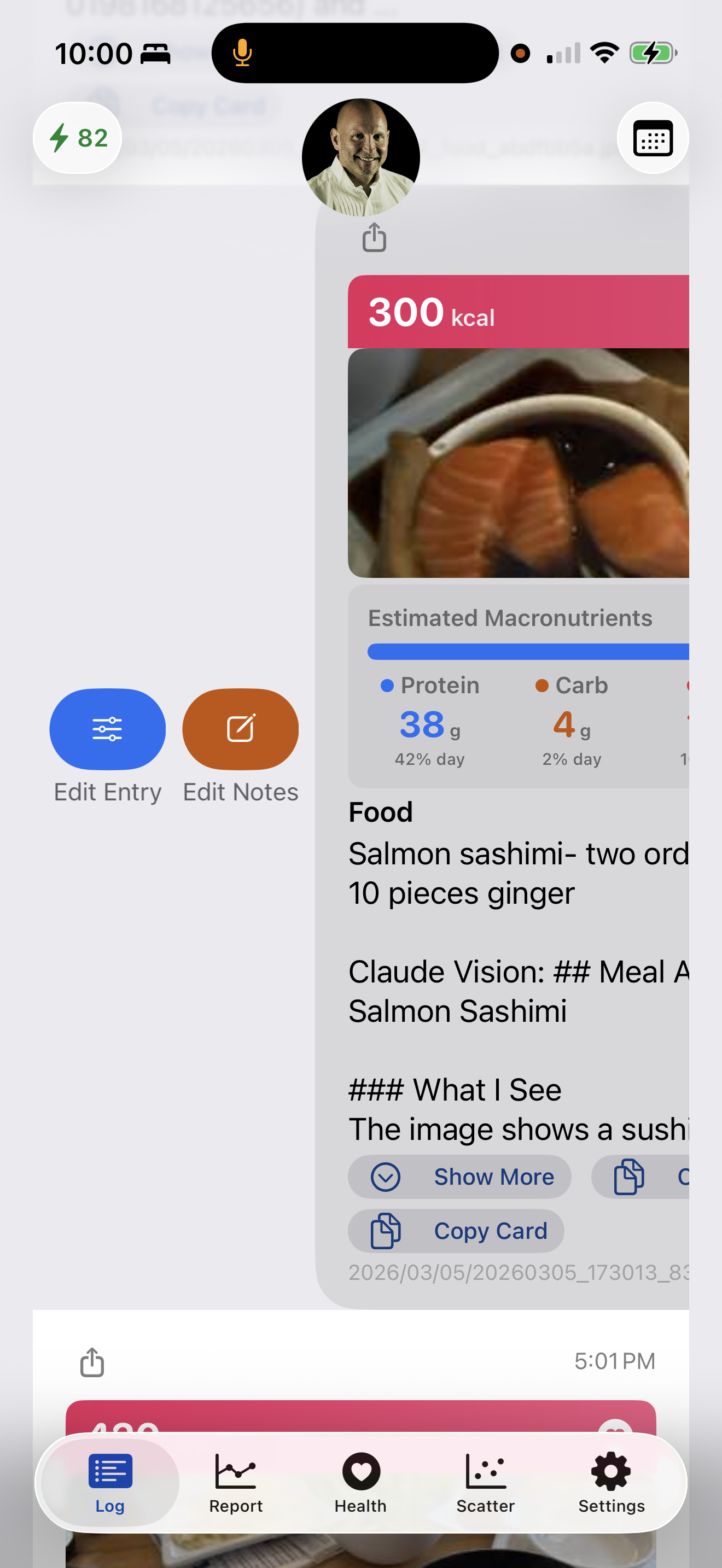 Edit entry swipe action from food log card