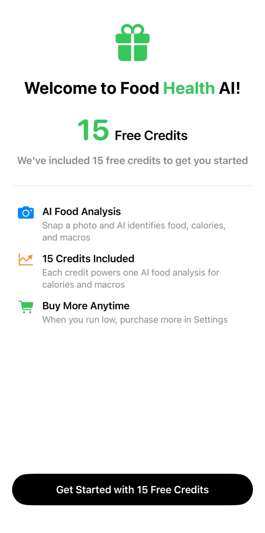 Welcome screen with 15 free starter credits