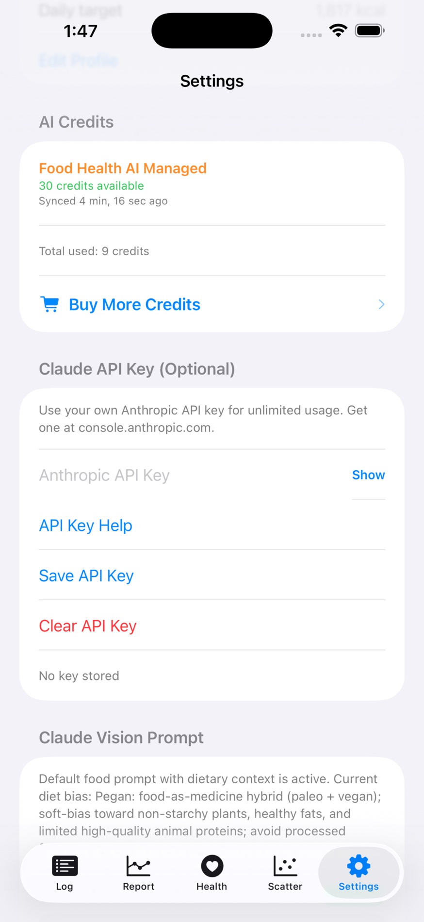 Settings screen with managed credits and optional API key