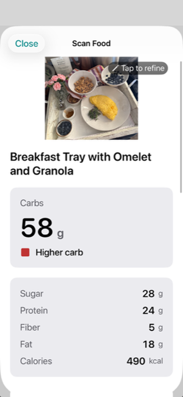 Scan result showing carbs and macros